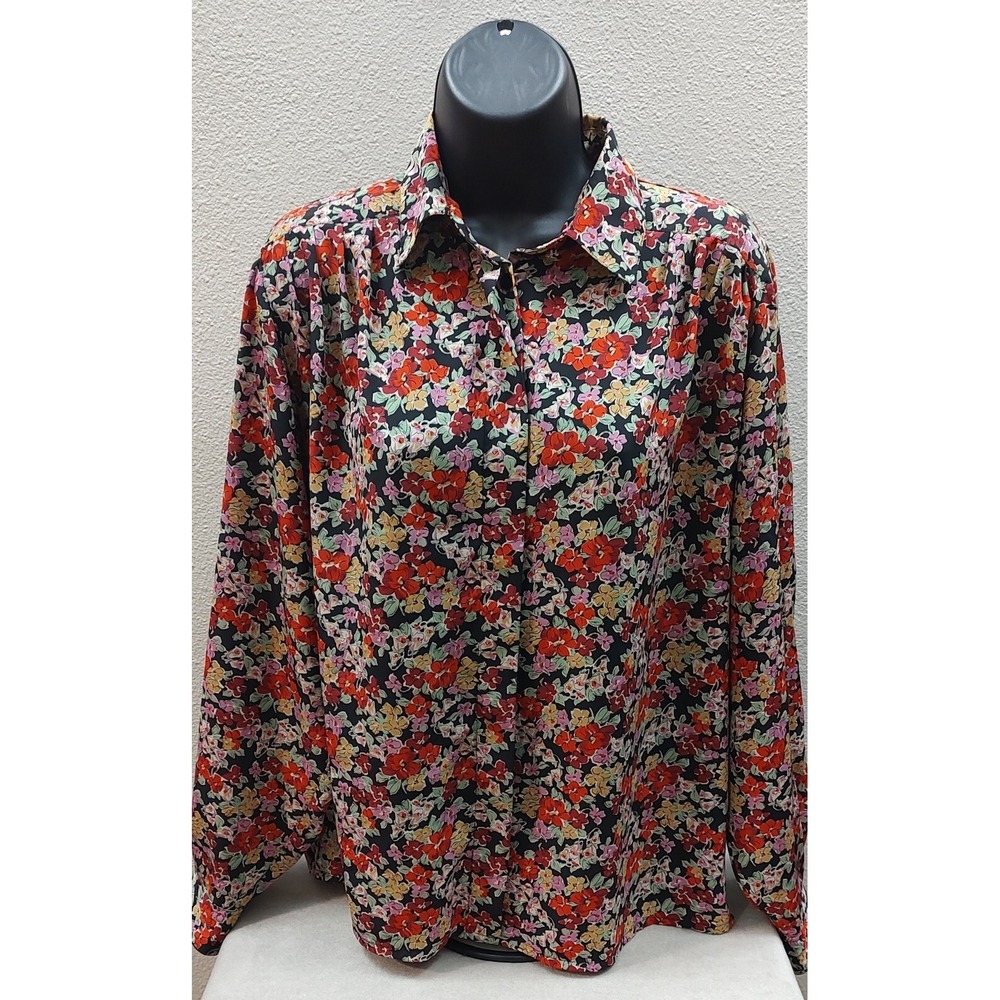 Vintage Jacques Vert Button Up Floral Blouse USA Size 8 Red Black Pink Green B6